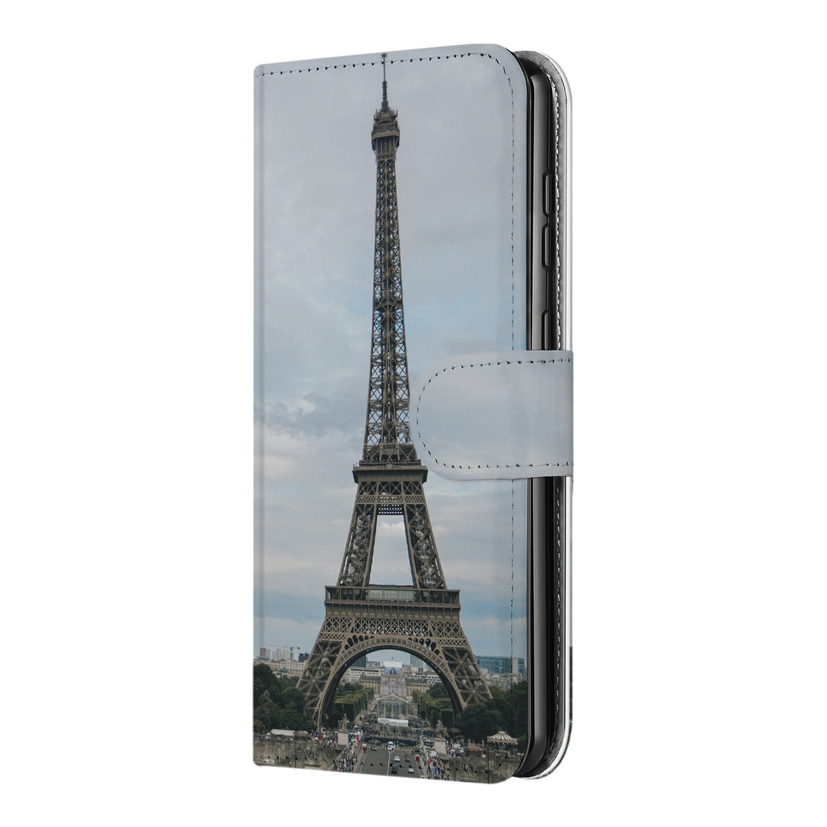 Voorkant van de dichte Galaxy S24 Plus bookcase met de Eiffeltoren onder een grijze lucht