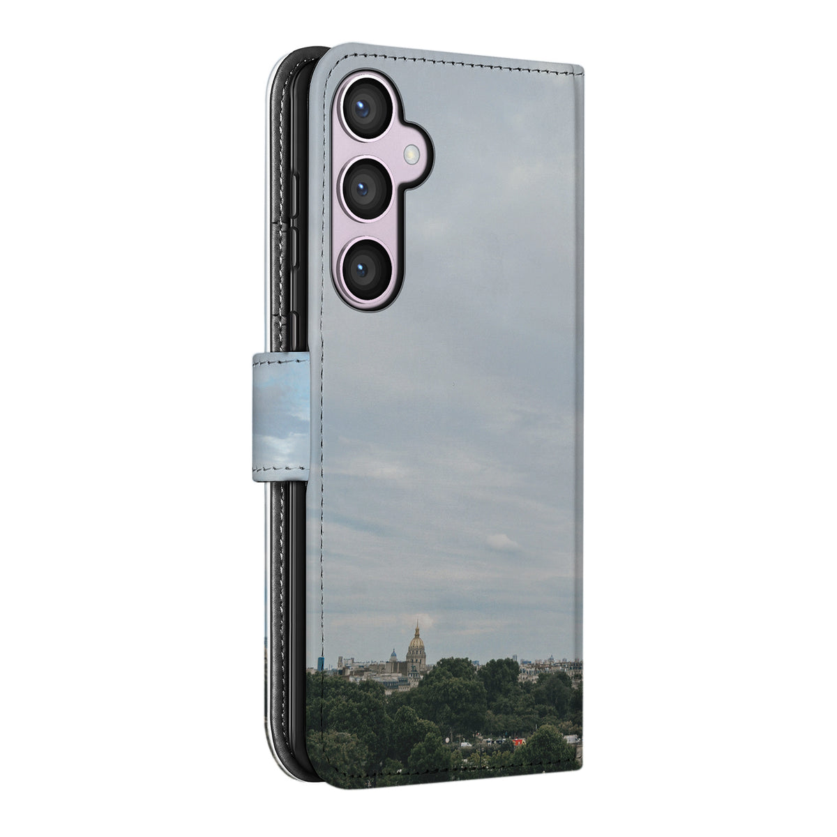 Schuin aanzicht van de achterkant van de Galaxy S24 Plus bookcase: stadsgezicht met koepel en camera-uitsparing