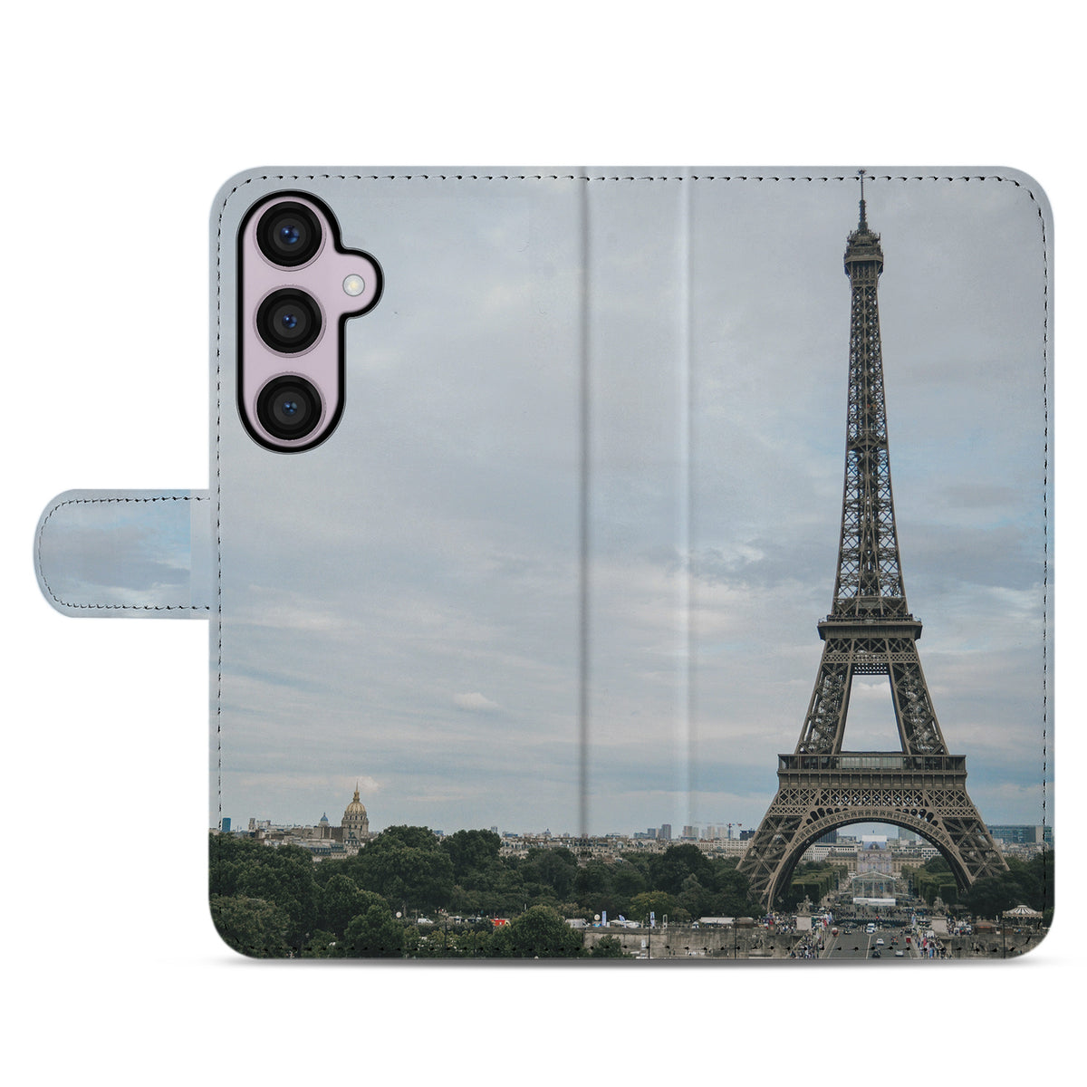 Platte achterkant van de Galaxy S24 Plus bookcase met Eiffeltoren en daken van de stad, sluitlipje links