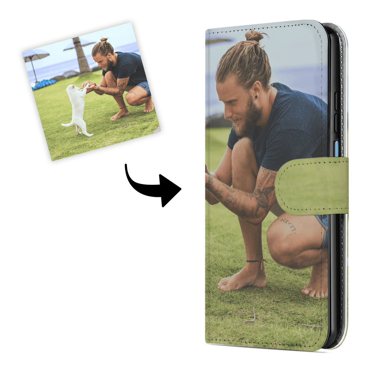 Eigen foto en het hoesje waarop die geprint staat: man in het gras op de klep van de Redmi Note 13 5G bookcase
