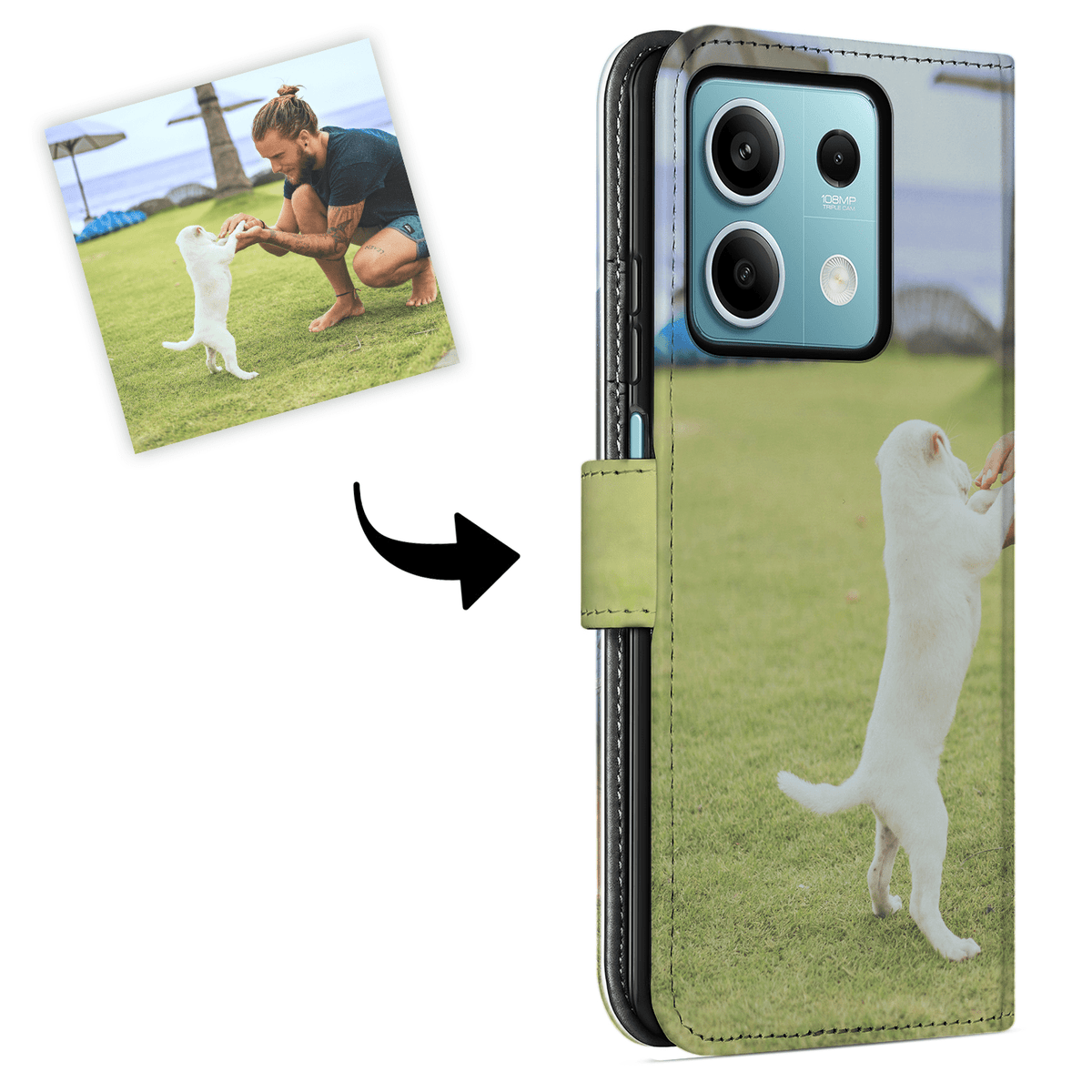 Eigen foto van een man met een witte kat en de achterkant van de Redmi Note 13 5G bookcase waarop de kat geprint staat