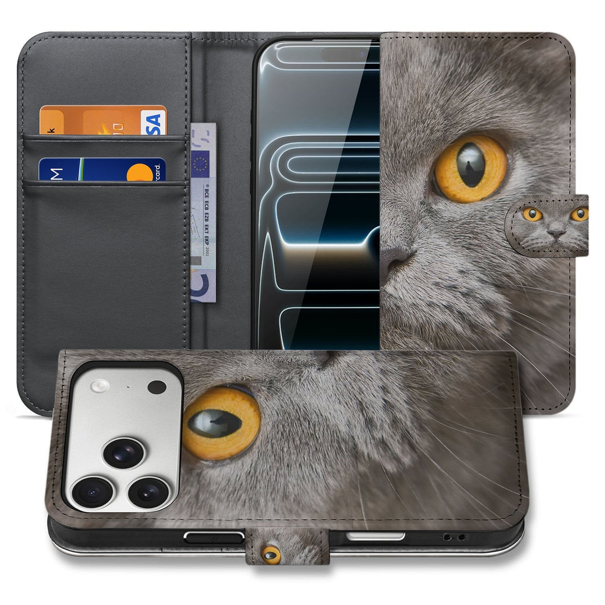 iPhone 18 Pro bookcase Britse Korthaar open en dicht naast elkaar, grijze kat op de voorflap