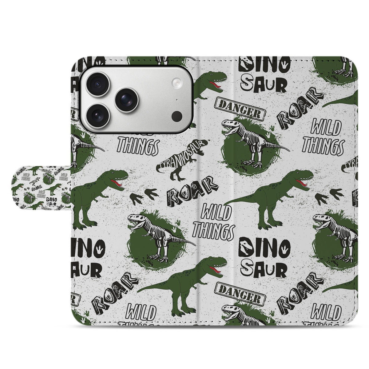Voorkant van de gesloten bookcase Dinosaurus voor de iPhone 18 Pro