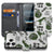 Bookcase iPhone 18 Pro Dinosaurus in groen en wit, open en gesloten naast elkaar