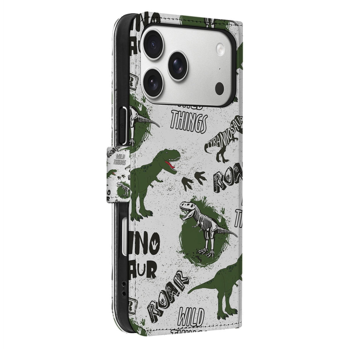 Zijaanzicht van de iPhone 18 Pro bookcase Dinosaurus met de klep dicht