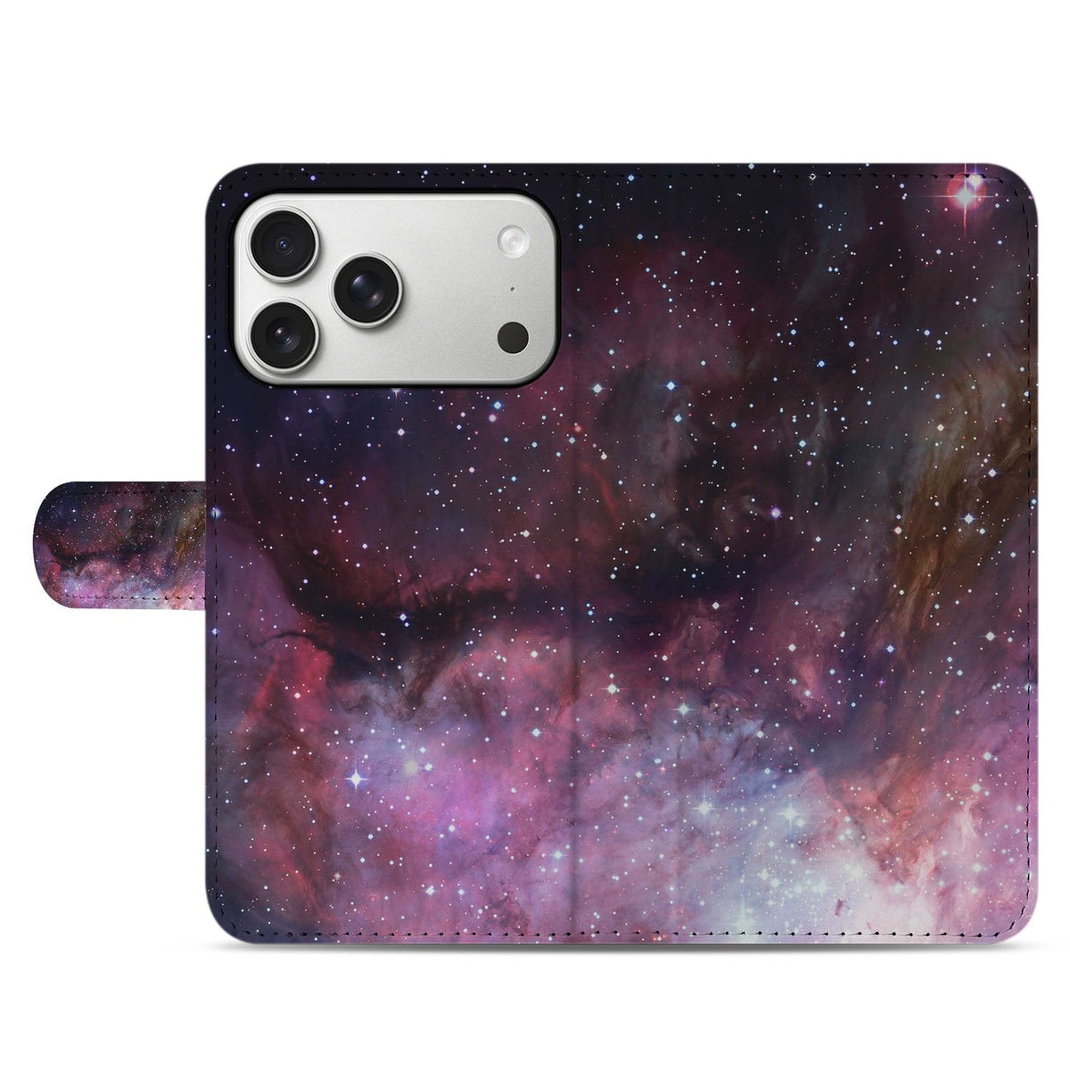 Gesloten voorkant van de iPhone 18 Pro bookcase Galaxy met paarse sterrenhemel