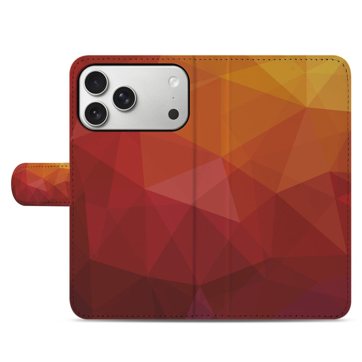 Gesloten voorkant van de Polygon Red bookcase voor iPhone 18 Pro met rood-gele print