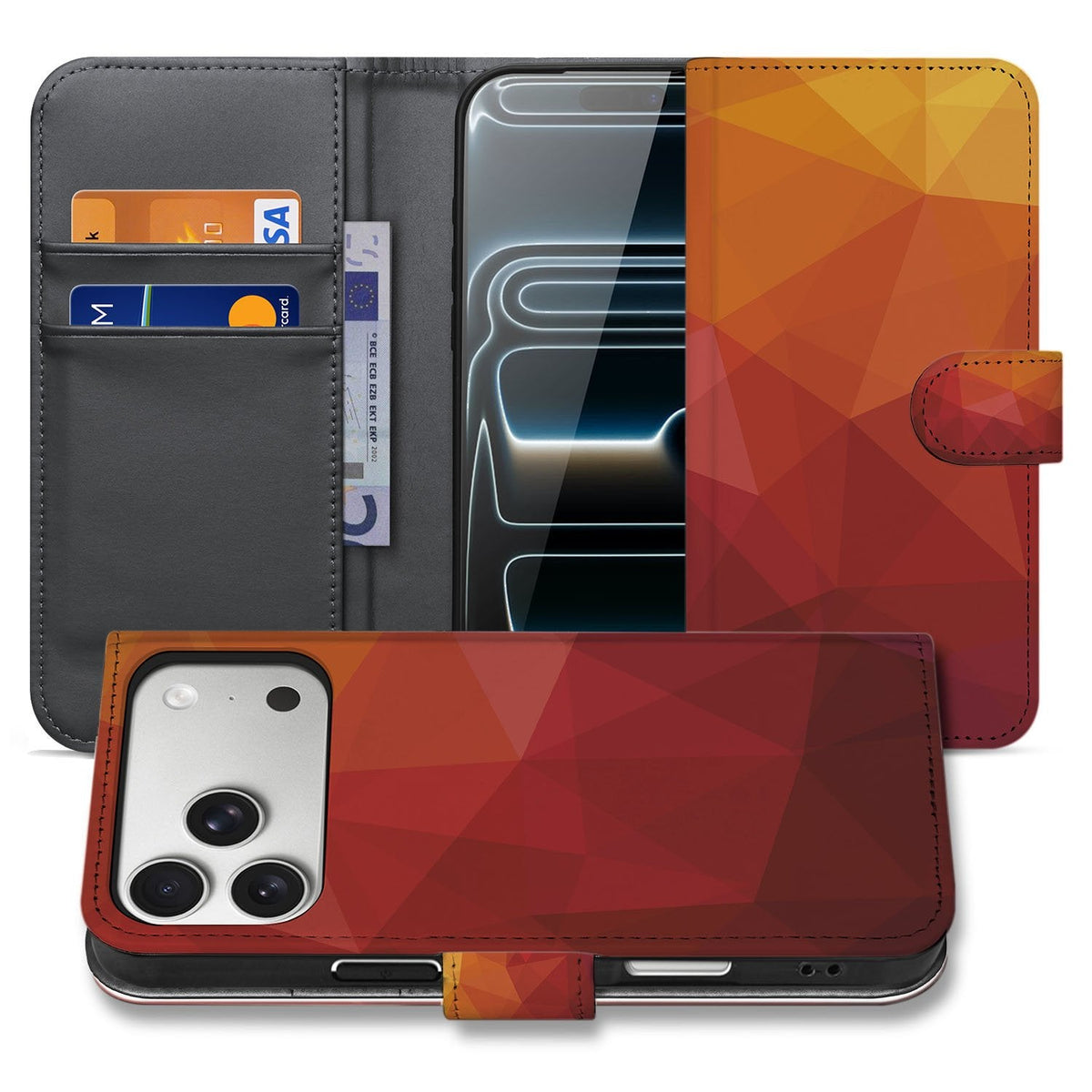 Bookcase Polygon Red voor iPhone 18 Pro, open en dicht naast elkaar met rood-geel vlakkenpatroon