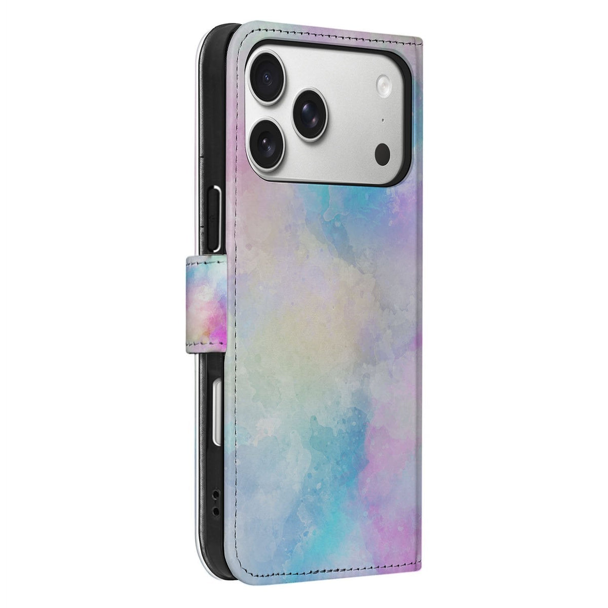 Zijaanzicht van het iPhone 18 Pro Watercolor Light hoesje met klep en TPU-houder
