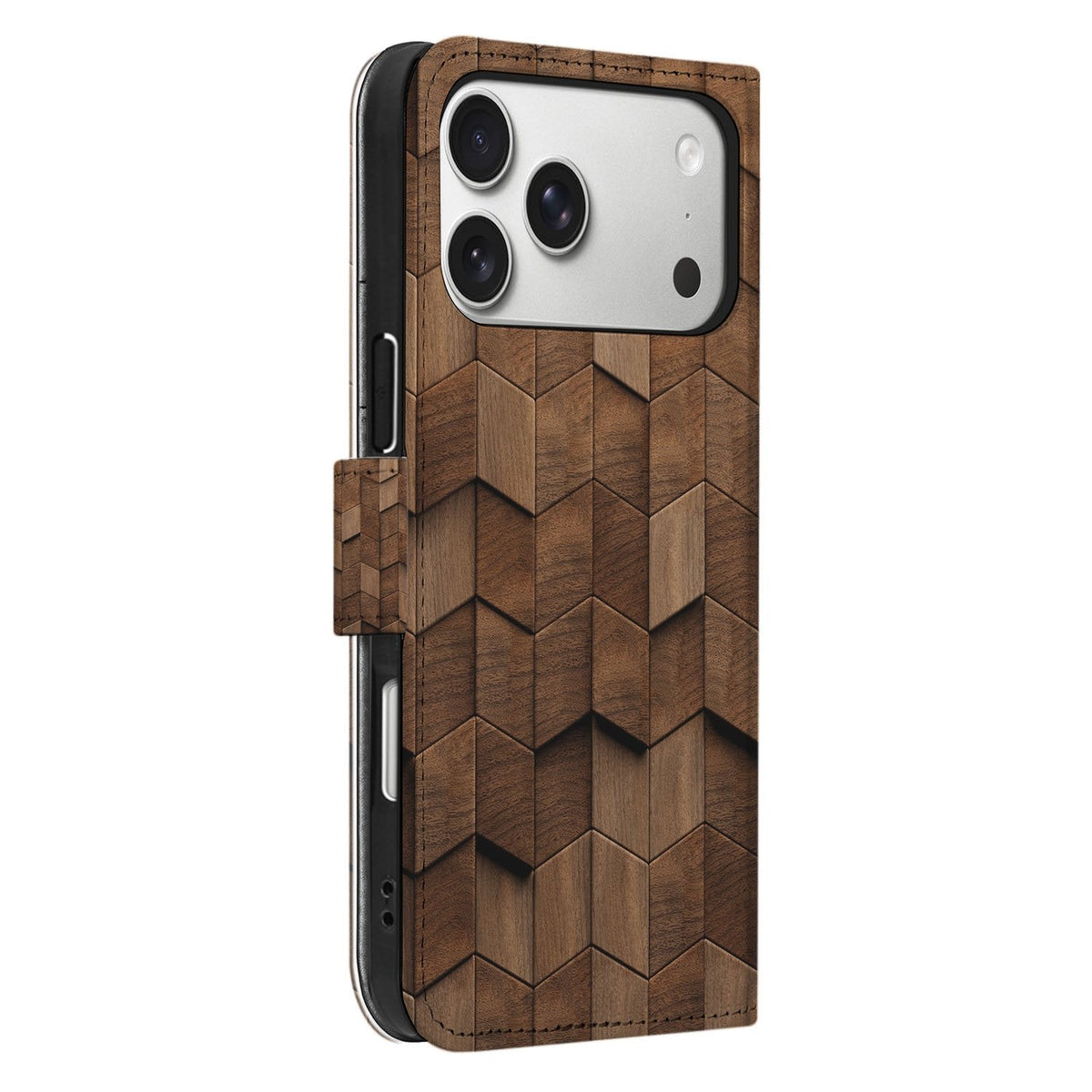 Zijaanzicht van het gesloten Wooden Cubes klaphoesje voor de iPhone 18 Pro van kunstleer
