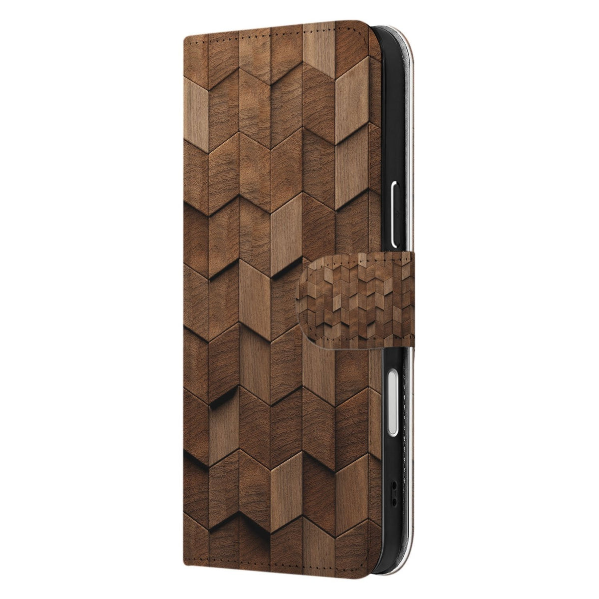 Zijkant van de iPhone 18 Pro bookcase Wooden Cubes, magnetische sluitlip en rug in beeld
