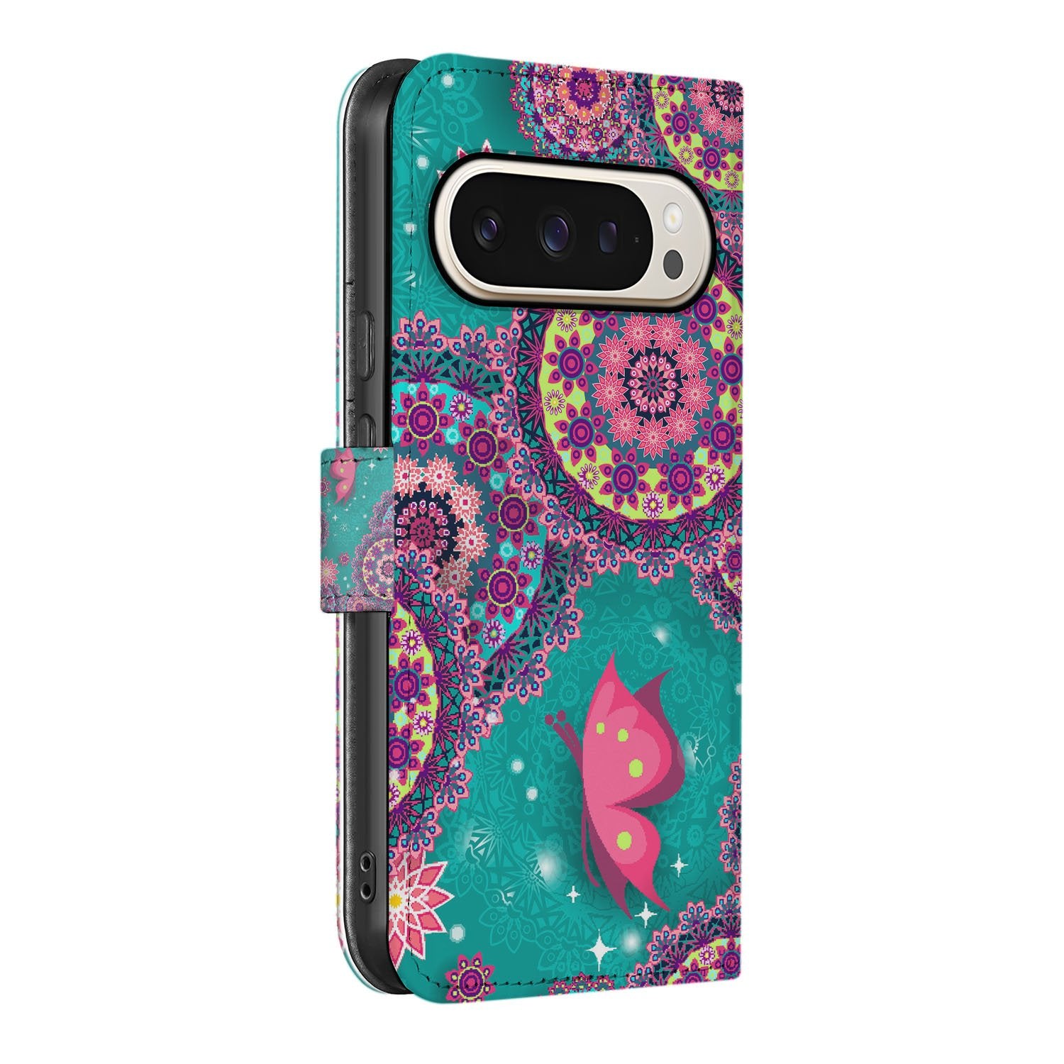Bookstyle Google Pixel 10 Pro Book Case cirkels vlinders turquoise groen roze