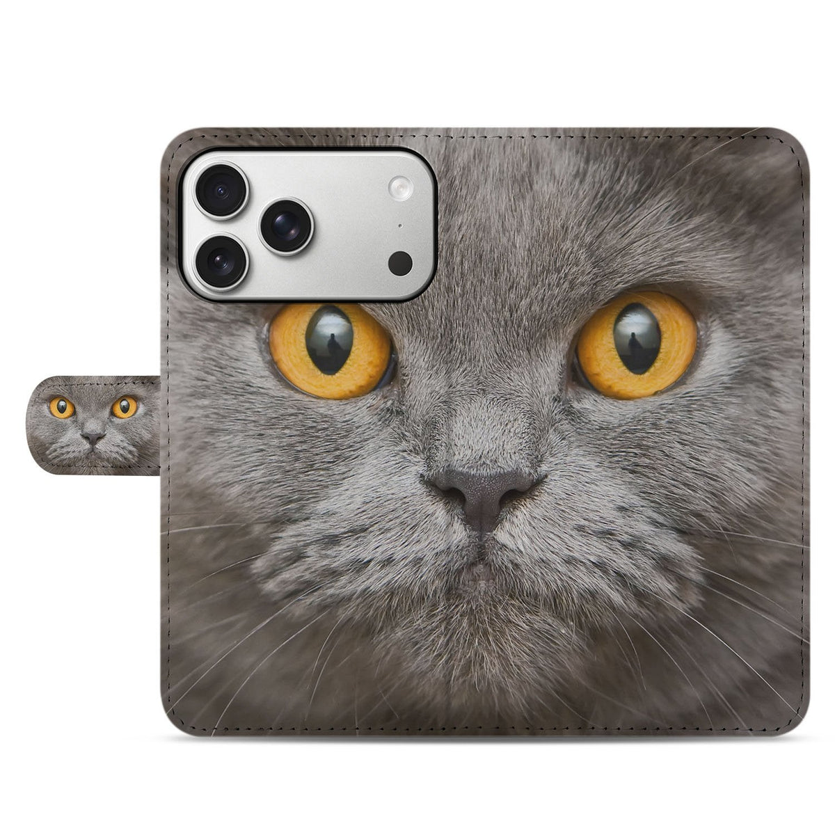 Voorkant gesloten van de Britse Korthaar bookcase voor iPhone 18 Pro met magnetische sluitlip