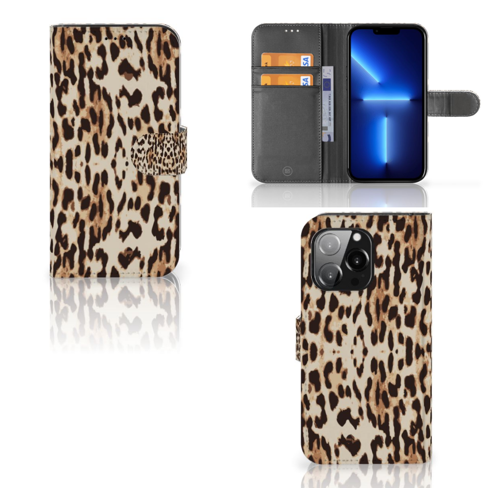 iPhone 13 Pro Telefoonhoesje met Pasjes Leopard met magnetische sluitclip. Stijlvol en praktisch! 🐆