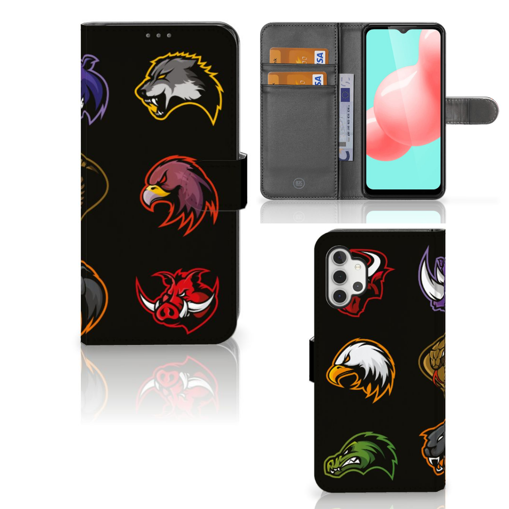 Samsung Galaxy A32 5G Leuk Hoesje Cartoon met kleurrijke dierenlogo's op een zwart ontwerp.