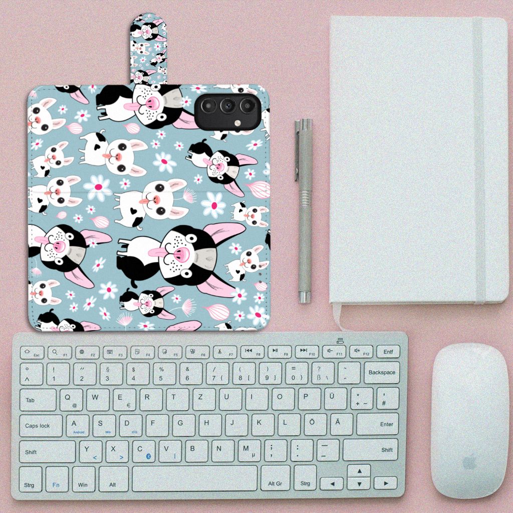 Samsung Galaxy A14 5G Telefoonhoesje met Pasjes Hondjes met cartoon hondjes op een blauwe achtergrond.