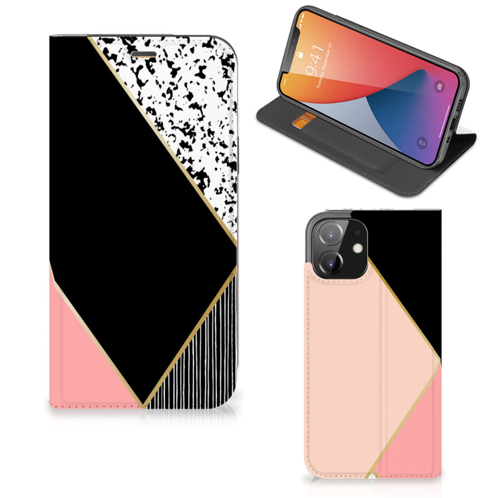 iPhone 12 | iPhone 12 Pro Stand Case Zwart Roze Vormen