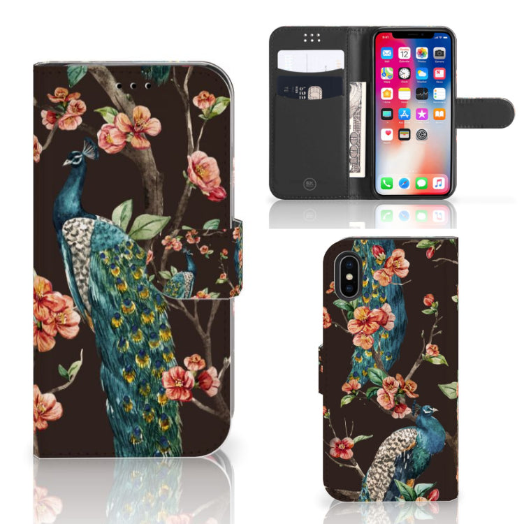 Apple iPhone X | Xs Telefoonhoesje met Pasjes Pauw met Bloemen