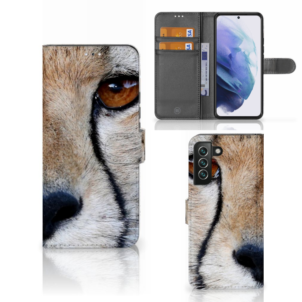 Samsung Galaxy S22 Plus Telefoonhoesje met Pasjes Cheetah met close-up van cheeta oog en pasjes ruimte.