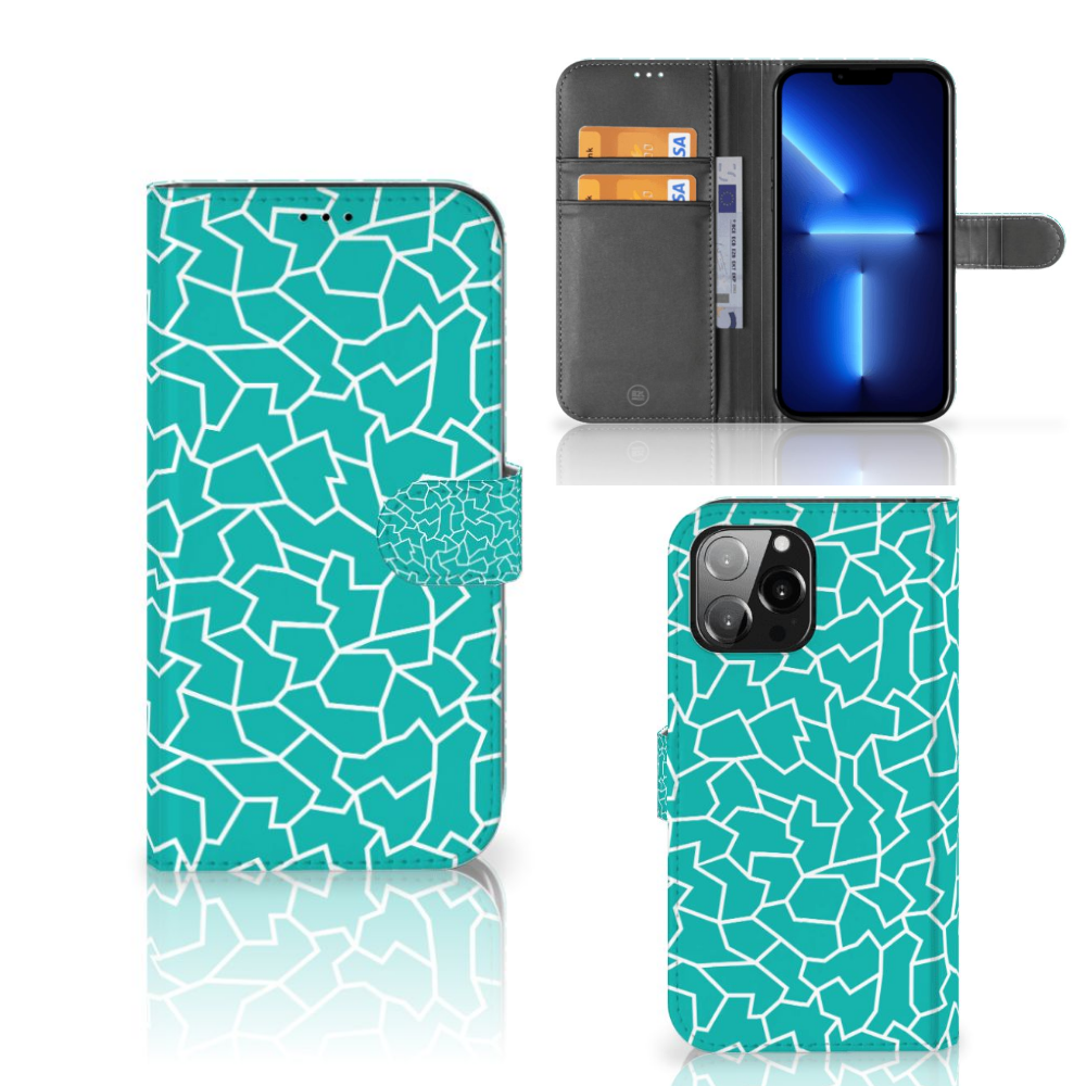 iPhone 13 Pro Max Hoesje Cracks Blue in turquoise design with geometric pattern, providing stylish protection for your smartphone.