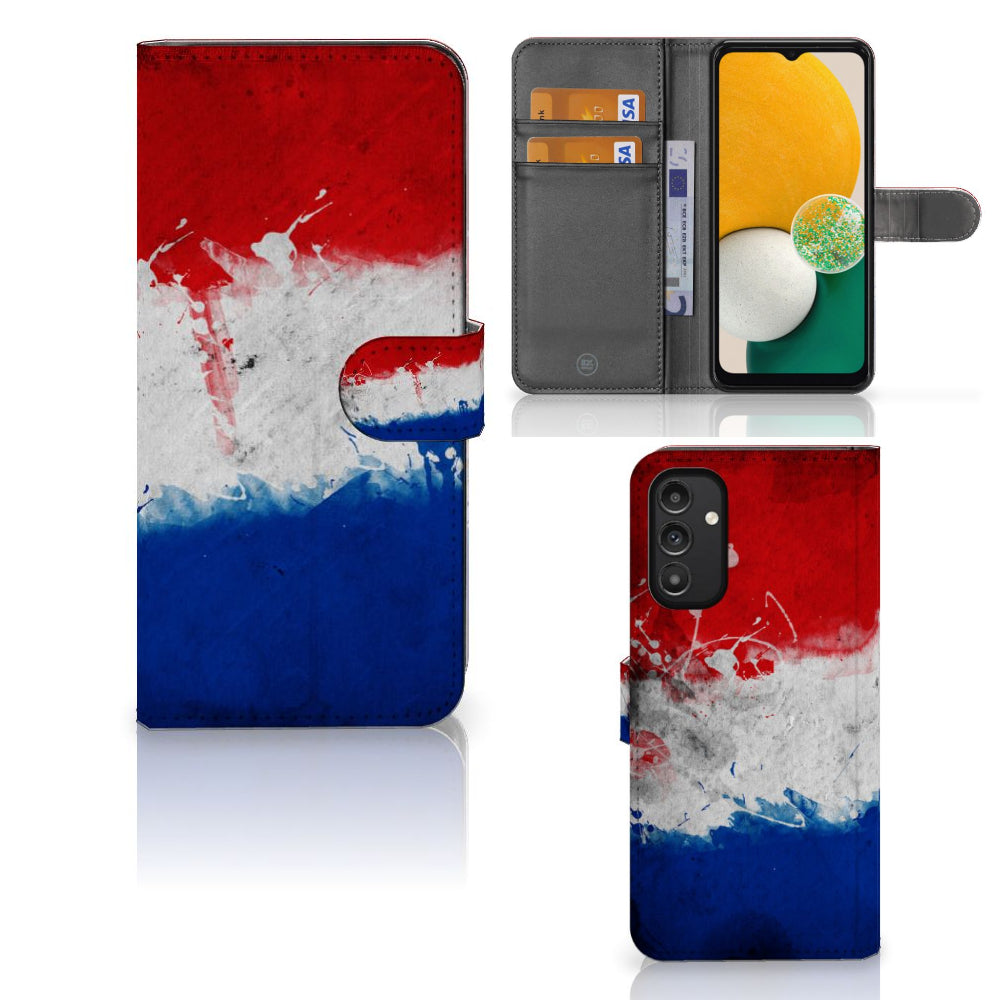 Samsung Galaxy A14 4G Bookstyle Case Nederland met pasjes, ontworpen met een artistieke Nederlandse vlag.