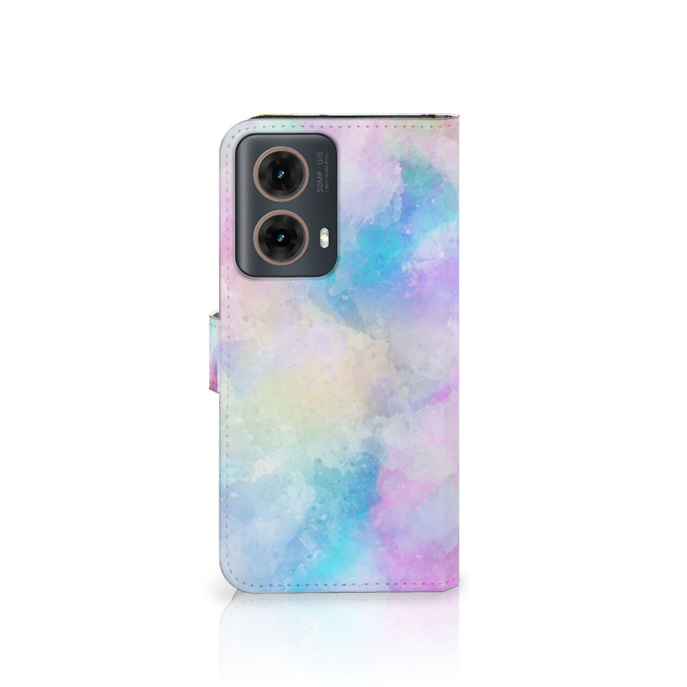 Hoesje Motorola Moto G85 Watercolor Light met pastelkleuren en pasjeshouder, uniek en kleurrijk design.