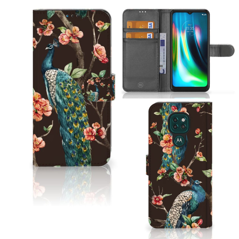 Motorola Moto G9 Play | E7 Plus Telefoonhoesje met Pasjes Pauw met Bloemen