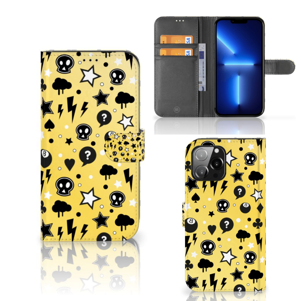 Telefoonhoesje met Naam iPhone 13 Pro Max Punk Geel met uniek design en vakjes voor pasjes 💳.