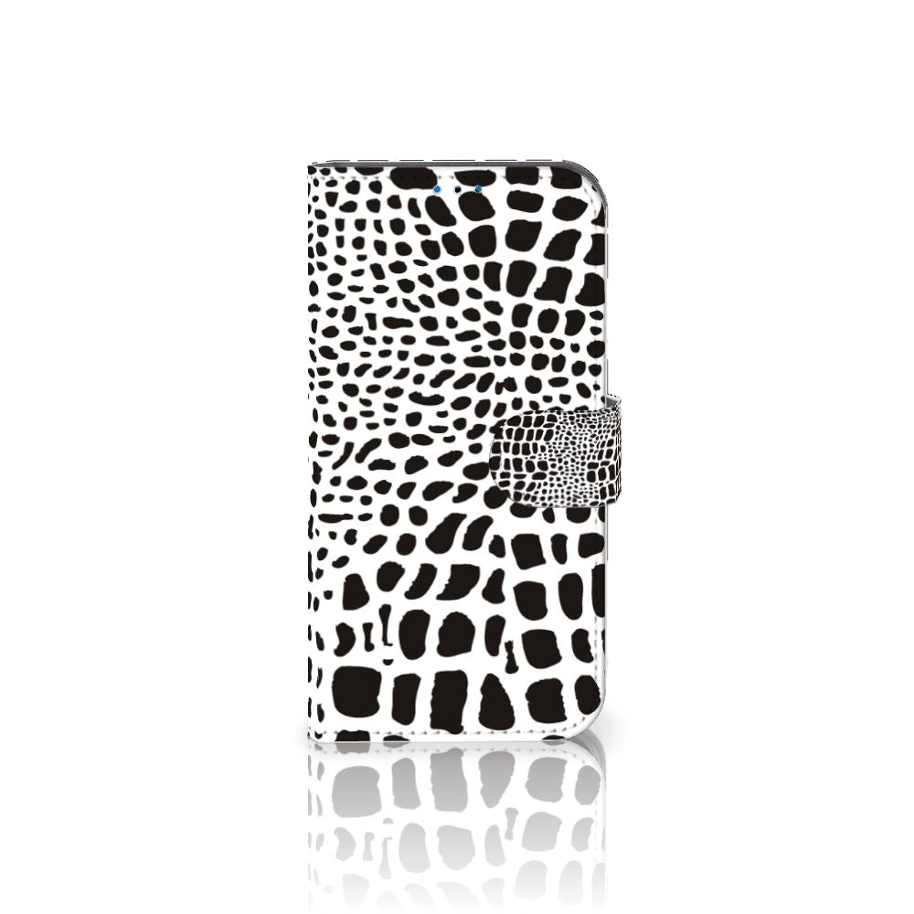 iPhone 14 Pro Telefoonhoesje met Pasjes Slangenprint in een zwart-wit ontwerp met magnetische sluiting.