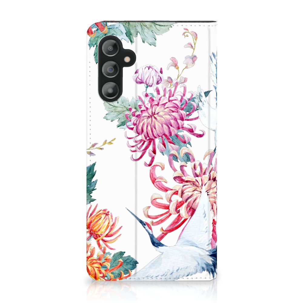 Samsung Galaxy A14 5G Hoesje maken Bird Flowers met kleurrijke bloemen en ooievaars op de voorkant.