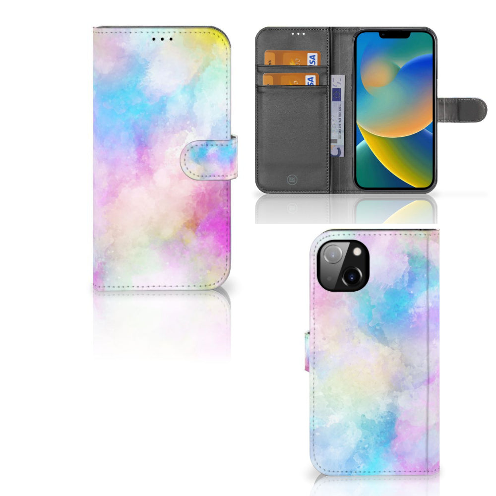 Hoesje iPhone 14 Plus Watercolor Light met pasjeshouder en kleurrijk pastel ontwerp.