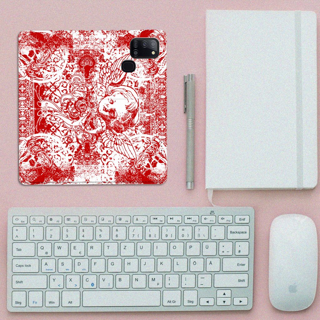 Mobiel BookCase Samsung Galaxy A21s Angel Skull Rood - B2C Telecom