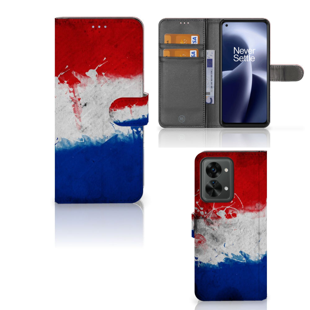 OnePlus Nord 2T Bookstyle Case Nederland met artistieke Nederlandse vlag achtergrond.