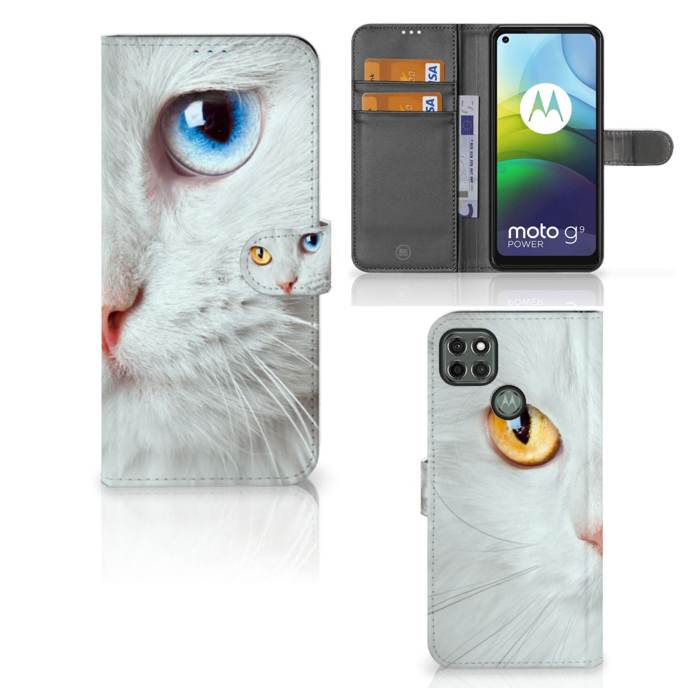 Motorola Moto G9 Power Telefoonhoesje met Pasjes Witte Kat