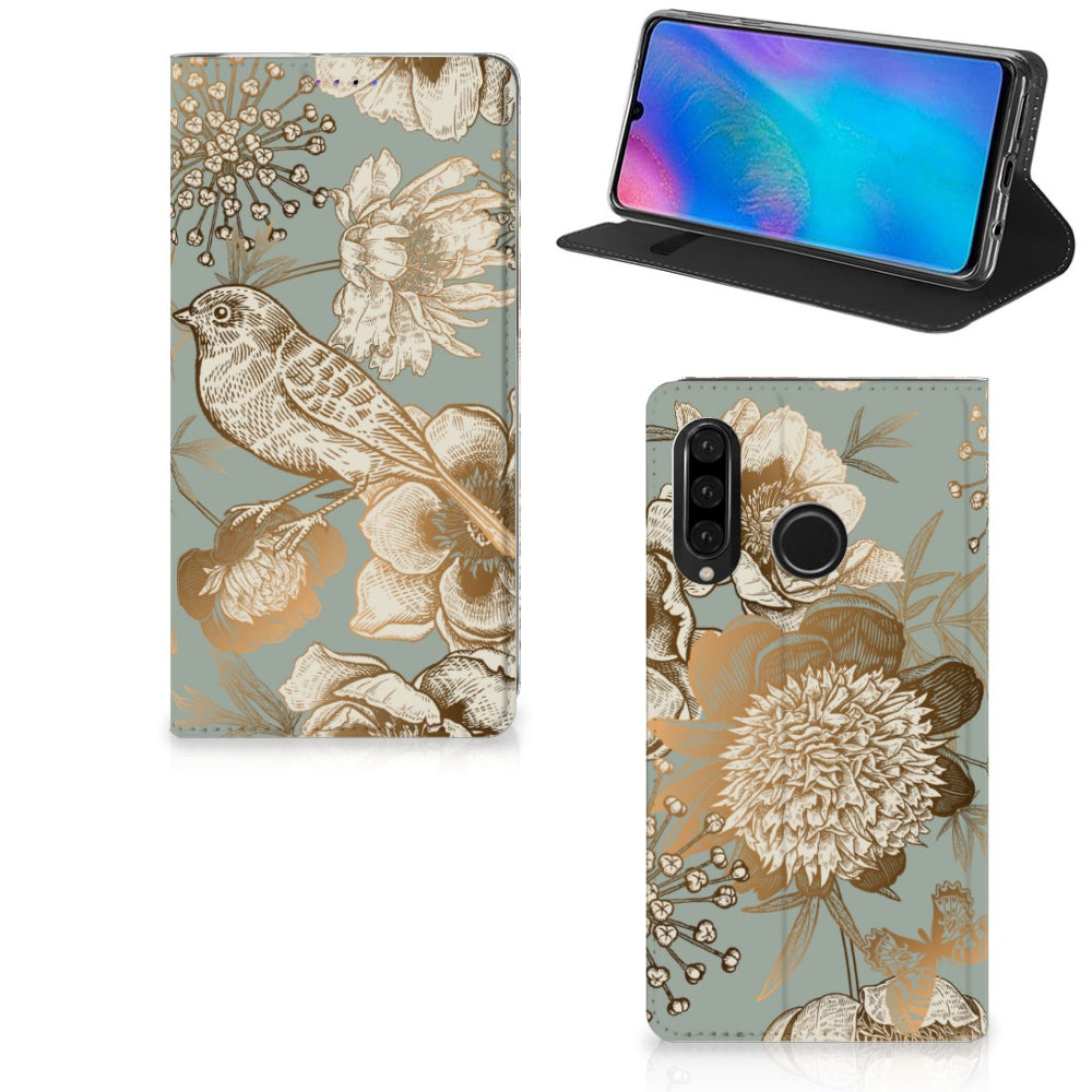 Smart Cover voor Huawei P30 Lite New Edition Vintage Bird Flowers