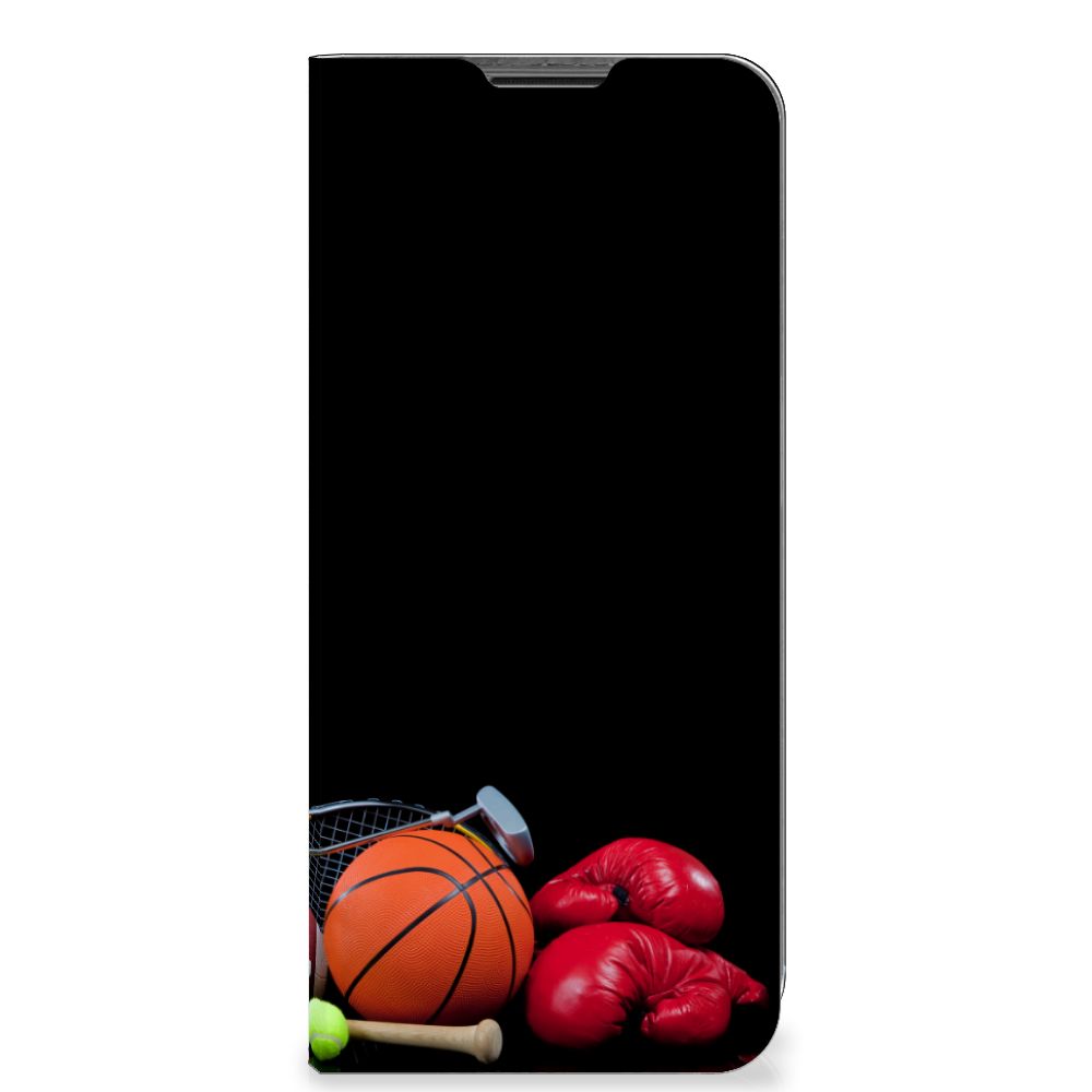 Nokia G50 Hippe Standcase Sports design met afbeeldingen van verschillende sporten en sportaccessoires.