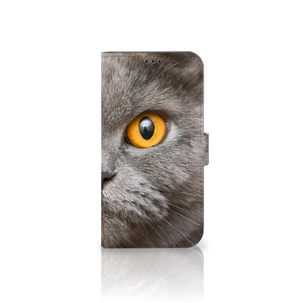 Telefoonhoesje met Pasjes iPhone 14 Plus Britse Korthaar met indrukwekkende kattenprint en gele ogen