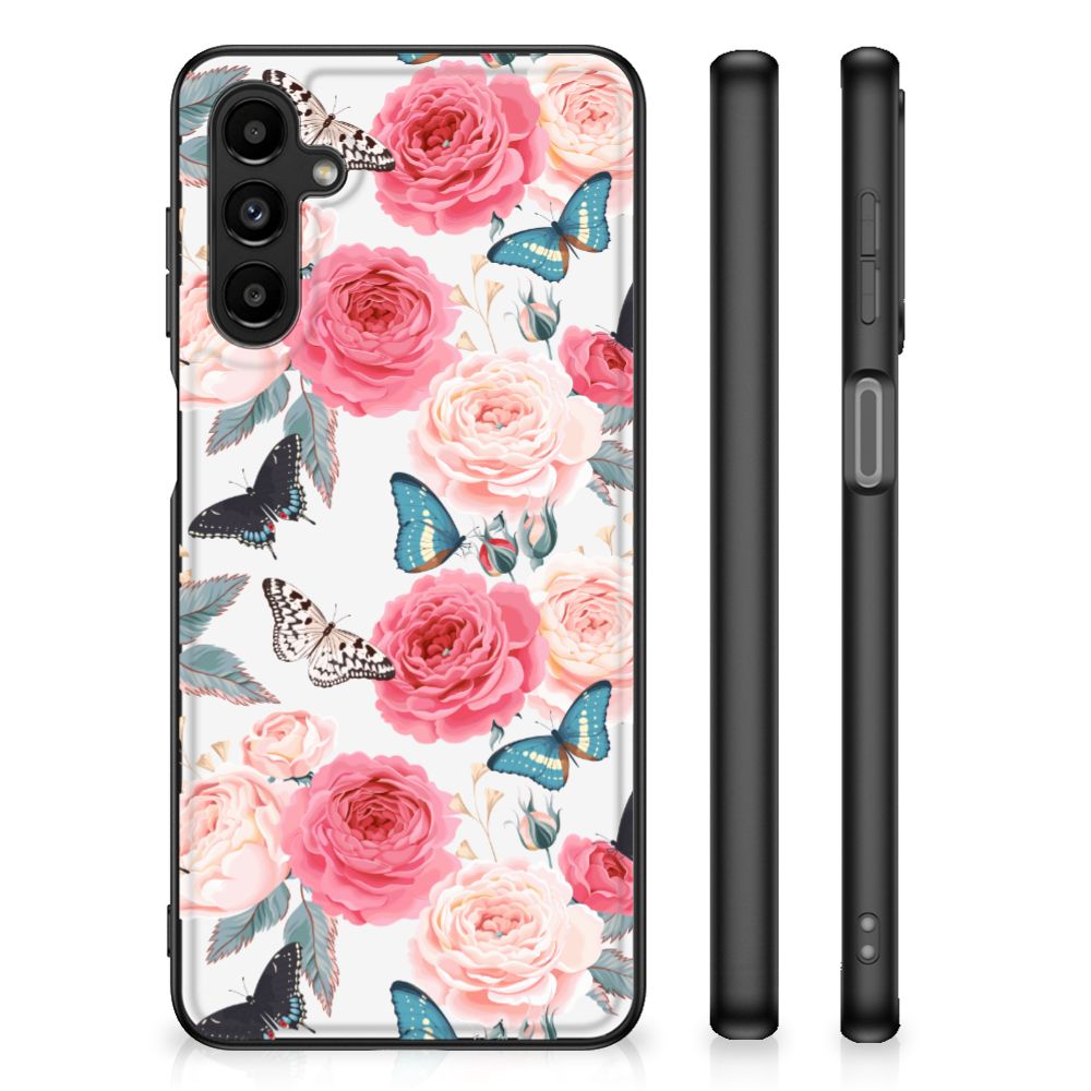 Samsung Galaxy A14 5G Bloemen Hoesje Butterfly Roses met bloemen en vlinder design in roze en blauw.
