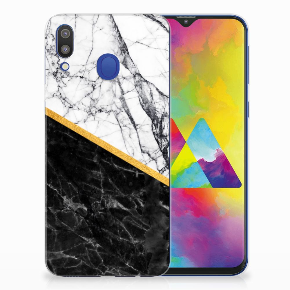 Samsung Galaxy M20 (Power) TPU Siliconen Hoesje Marmer Wit Zwart - Origineel Cadeau Man