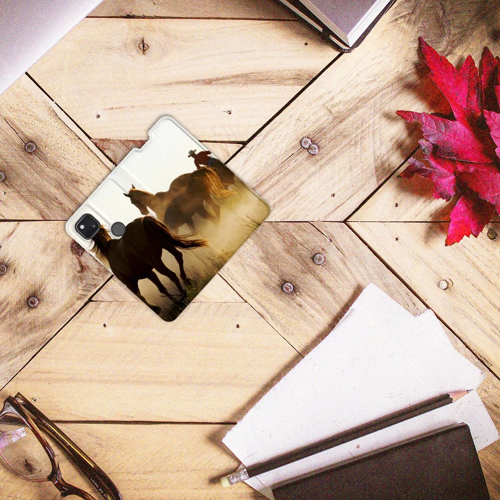 Google Pixel 4a Hoesje maken Design Cowboy met paardenprint op een houten tafel.
