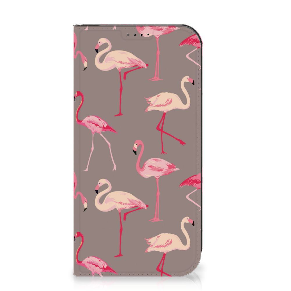 iPhone 15 Pro Max Hoesje maken Flamingo met roze flamingo's op grijze achtergrond 🌴