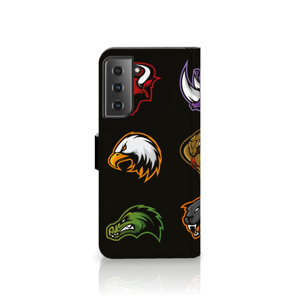 Samsung Galaxy S21 Plus Leuk Hoesje Cartoon met diverse kleurrijke cartoon afbeeldingen op zwart achtergrond