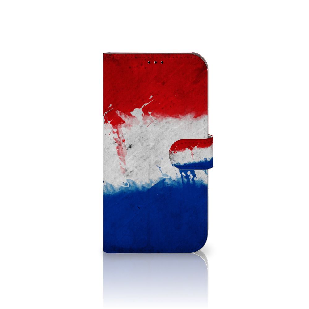 iPhone 14 Plus Bookstyle Case Nederland met artistiek ontwerp van de Nederlandse vlag.