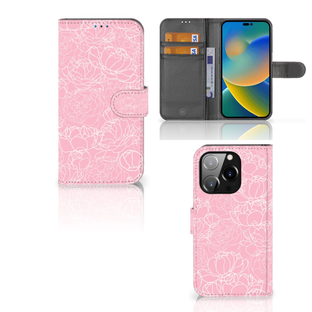iPhone 14 Pro Hoesje White Flowers met roze bloemenontwerp, praktisch en stijlvol met ruimte voor kaarten.
