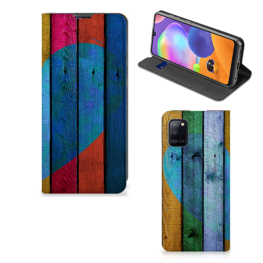 Samsung Galaxy A31 Book Wallet Case Wood Heart - Cadeau voor je Vriend