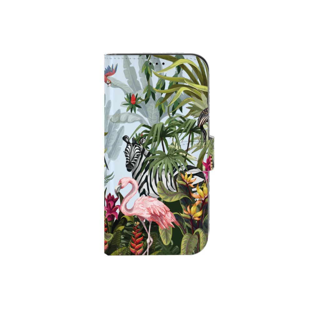 Telefoonhoesje met Pasjes voor iPhone 13 Pro Max Jungle met flamingo 🦩 en zebra 🦓 in tropisch design.