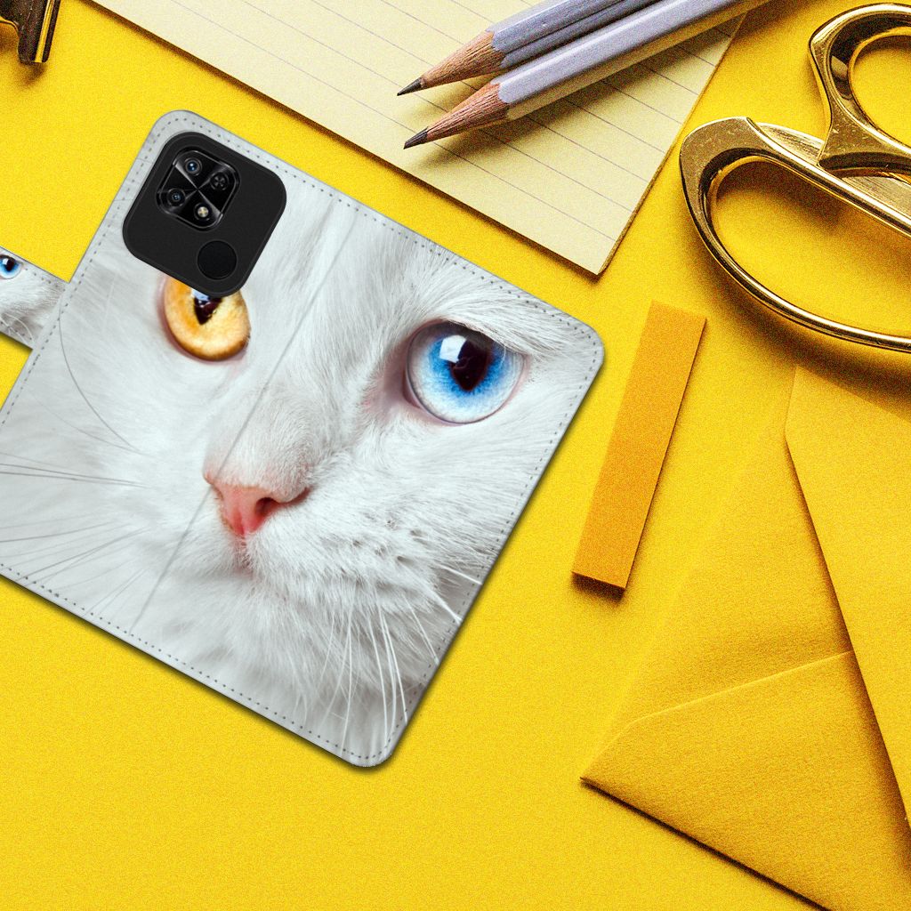Xiaomi Redmi 10C Telefoonhoesje met Pasjes Witte Kat