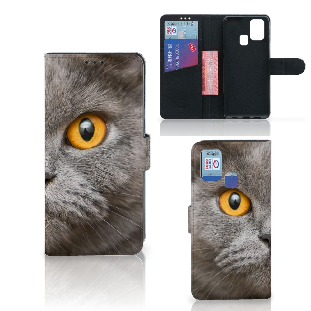 Telefoonhoesje met Pasjes Samsung Galaxy M31 Britse Korthaar, met een indrukwekkend kat gezicht en praktische pasjeshouder.