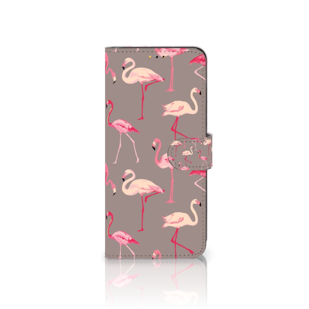 Samsung Galaxy A14 5G Telefoonhoesje met Pasjes Flamingo met kleurrijke flamingo's op een grijze achtergrond.