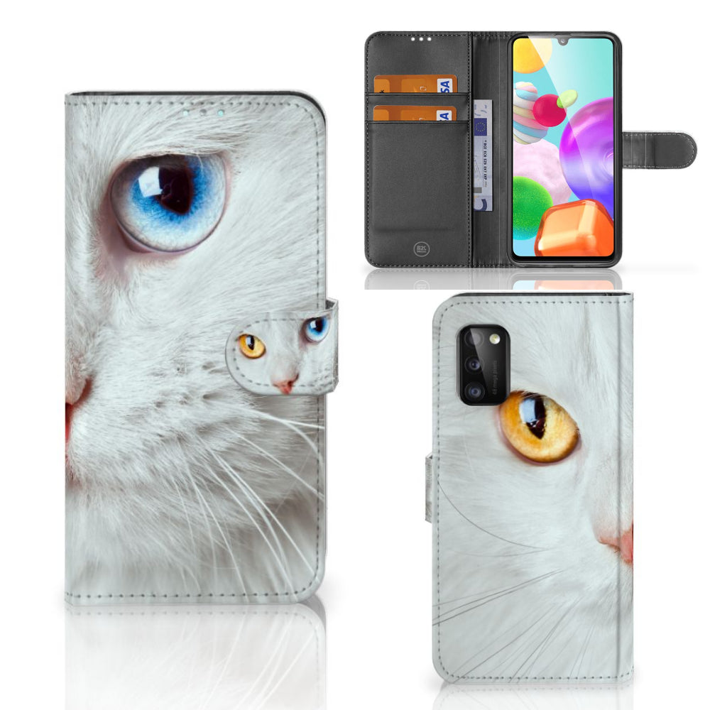 Samsung Galaxy A41 Telefoonhoesje met Pasjes Witte Kat